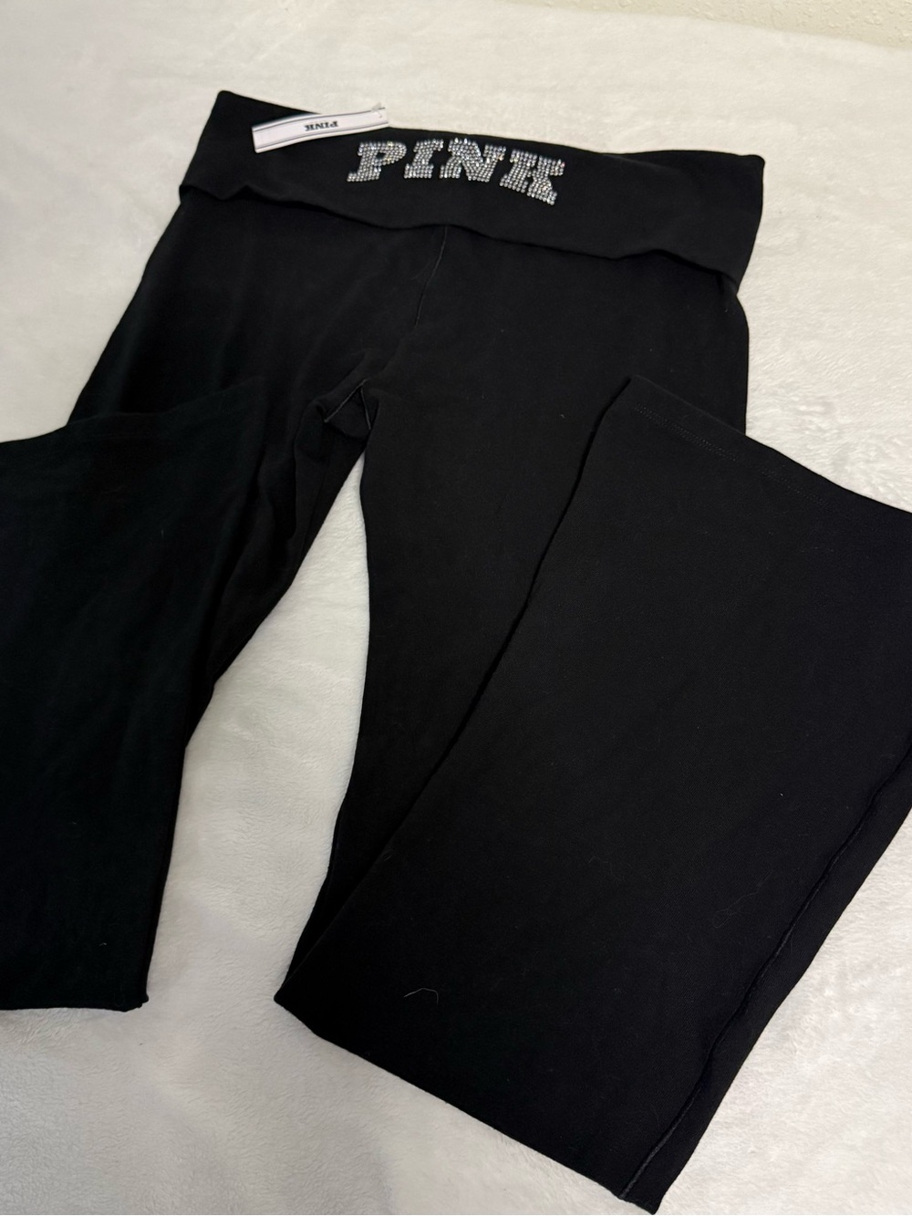 PINK Victoria's Secret Black Fold-Over Waist Yoga Pants with Rhinestone Logo